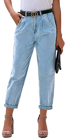 luvamia Women's Casual High Waist Stretch Loose Balloon Tapered Jeans Vintage Denim Pants Airy Blue Size X-Large