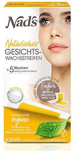 Nad’s NATURAL Kaltwachsstreifen Gesicht – 30 Vliesstreifen + 9ml Pflegeöl – Natürliche Haarentfernung für Damenbart, Oberlippe, Kinn & Wangen – Vegan & pflanzenbasiert