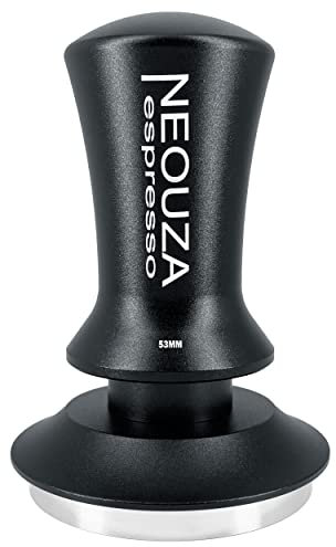NEOUZA Espressotamper, fjädrar, redskap för kaffemaskiner, anti-stick-självutjämning, raffinerat handtag, platt bas i rostfritt stål (53 mm matt svart)