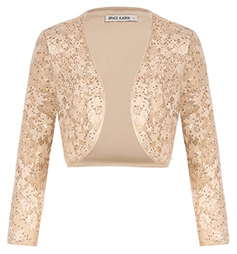 GRACE KARIN Ladies Evening Party Wear Plus Size Sequined Cardigan Top Wedding Cardigan Champagne Sequin M