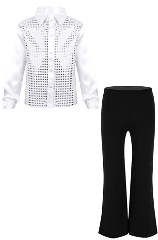Aislor Traje De Danza Jazz Hip Hop para Niños Camisa De Lentejuelas Brillantes De Manga Larga con Pantalones Ropa para La Actuación Blanco 9-10 años