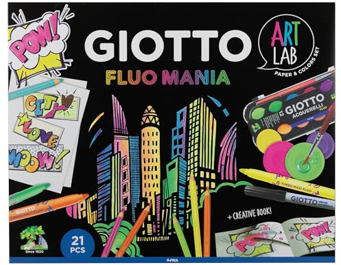 Giotto Art Lab, Set Creativo Fluo Mania con Papel, Rotuladores Giotto, Acuarelas, Lápices de Colores y Accesorios, 21 Piezas
