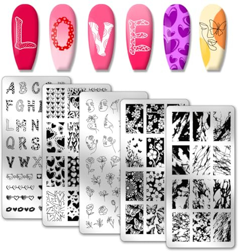 PH PandaHall 5pcs Love Nail Art Templates Mother's Day Nail Stamps Flowers Nail Stamp Heart Print Templates Letter Art Stencils Butterfly Nail Plates for DIY Print Wedding Manicure Design 12x6cm