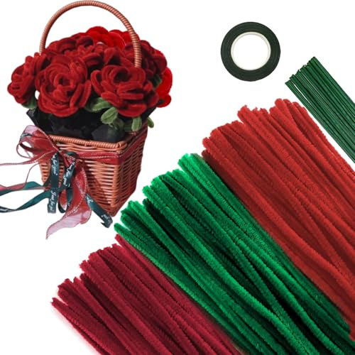 APKOL 300 pezzi Scovolini Ciniglia Colorati per Lavoretti in Due tipi di rosso + verde Pipe Cleaner con Stelo Filo Floreale e Nastro Floreale di DIY Carta per Rosa Fai da Te Decorativi Artigianato