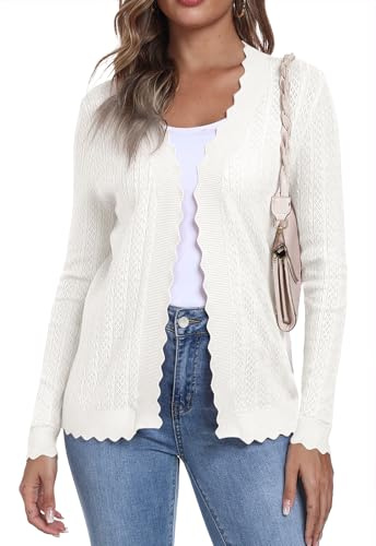 YUNDAI Lightweight Knit Cardigan Long Sleeve Open Front Cropped Sweater | Lightweight knit cardigan with scalloped edges, long sleeves and open front style, perfect for summer layers and casual wear