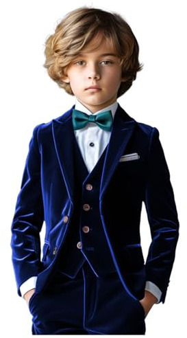 Traje de terciopelo verde de 3 piezas para niños, traje de esmoquin para niños, traje de comunión para boda, azul real, 10 años