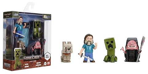 Jada Metalfigs - Confezione da 4 personaggi del film Minecraft - Steve, Lupo, Creeper, Malgohsa - Set da collezione in scala da 6,3 cm per bambini e fan - Costruzione in metallo resistente