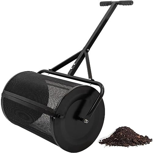Rodillo esparcidor de césped para abono, estiércol y turba de 24, rodillo para desmalezar y alimentar césped de jardín, acero revestido, liviano y duradero con mango en forma de T, color negro