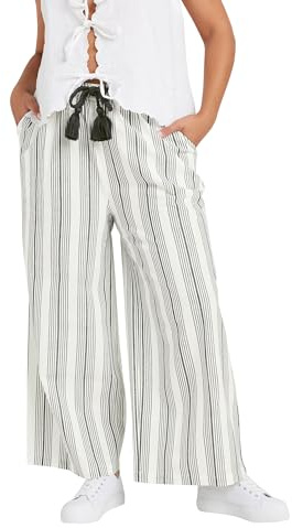 Yours Curve Stripe Belted Wide Leg Linen Trousers - Women's - Plus Size Curve White