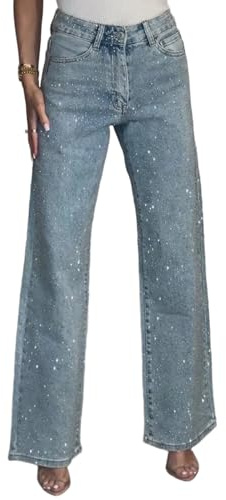 NRTHYE, Pantaloni da Donna a Vita Alta con Strass, Jeans Larghi Dritti a Gamba Ampia e Lucente, Pantaloni in Denim Casual con Diamanti, S
