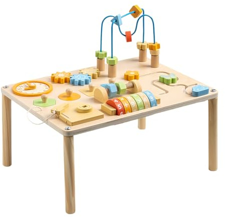 Activity Table for Baby, Table Train Toy, Wooden Interactive Station, Shape Sorting Feature, Color Recognition, Bead Maze attachment, Daycare Preschool Classroom Use, 39.5x29.5x33cm