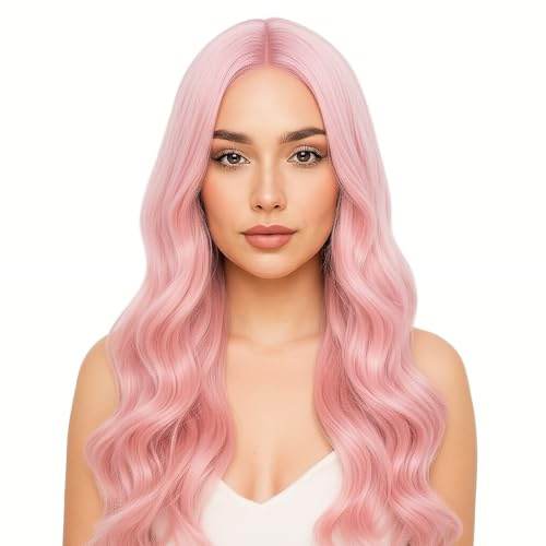 HTTDSLF Longue Perruque Ondulée Rose pour Femmes, 27/70cm Longs Cheveux Synthétiques Bouclés Perruques, Perruques Bouclée Femme, Longue Bouclés Perruque de Cheveux pour Cosplay Tenue Quotidienne