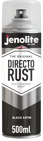 JENOLITE Directorust Spray Paint Satin Finish | BLACK | 500ml | Direct To Rust Spray Paint For Metal | All-In-One Multi Surface Paint for Metal, Wood, Plastic, Ceramic | RAL 9005