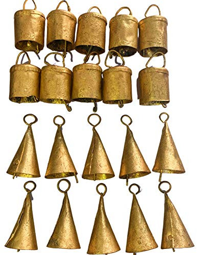 DIYANA IMPEX Indische Zinnglocken im Vintage-Stil, rustikales Glockenspiel, Kuhglocken, Weihnachtsbaum, Basteln, Dekoration, Los, 20 Stück (Gold)