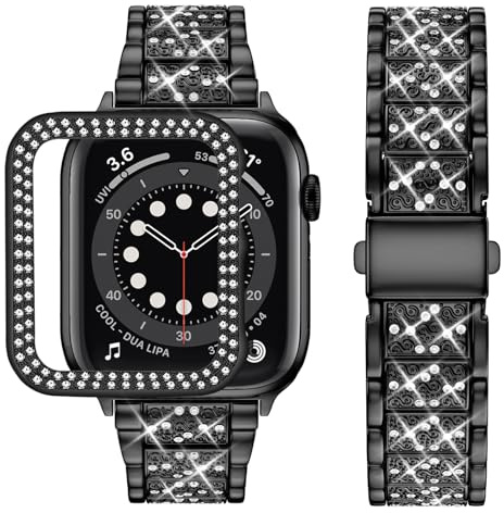 Wutwuk Kompatibel med Apple Watch 44 mm armband med bling fodral, dam metall kristall strass Apple Watch Wristband, glitter diamant ersättning armband för iWatch Series SE 2/SE/6/5/4, 44 mm, svart