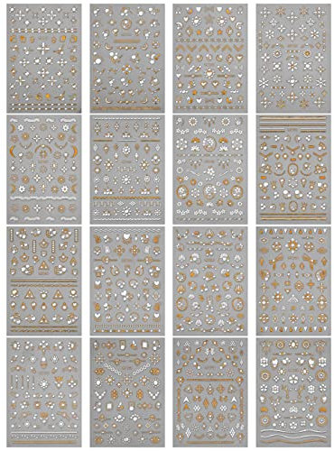 MWOOT 16 Hojas 3D Oro Plata Pegatinas Uñas Gold Sliver Nail Art Stickers, DIY Autoadhesivo Adhesivos Uñas Flores Corazones Diseño, Metálico Uñas Arte Manicura Accesorios para Salón Uñas Decoración