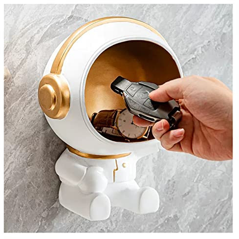 MESURG Coffee Table Decor Key Bowl for Entryway Table,Wall Storage Box Wall-Mounted Craft Resin Art Decoration Sculpture Gift,Big Mouth Key Storage Bowl,Creative Astronaut Figurine (Color : White)