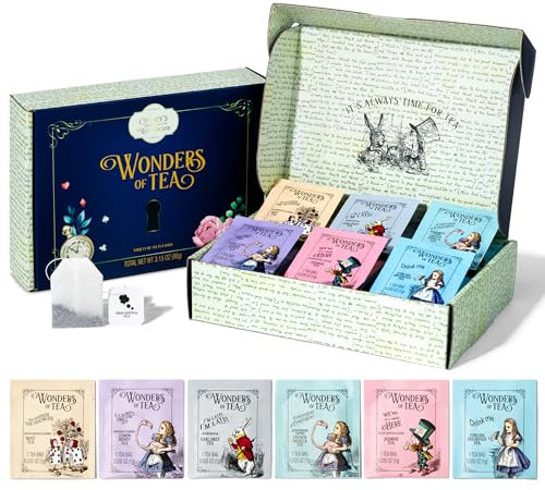 Alice’s Adventures in Wonderland, Wonder of Tea Gift Set, Tea Sampler includes 6 Flavours with Quotes and Illustrations, Mad Hatter Tea Party, Birthday, Mother's Day, Baby Shower, Set of 90