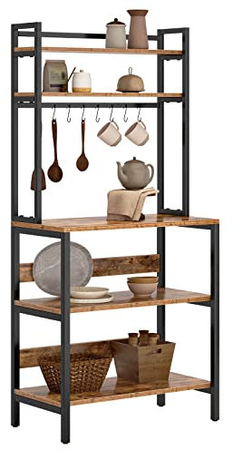 soges Estante de Cocina de 5 Niveles EstanterÍa de PanaderÍa, Soporte de Microondas Independiente, Estante de Cocina de Estilo Industrial con Ganchos, MarrÓn RÚstico