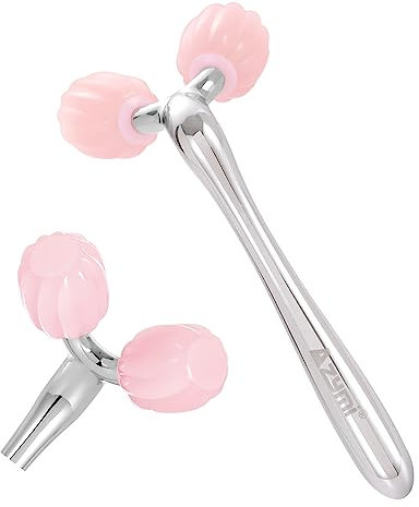 Azymi - Rodillo de jade 3D, rodillo facial de cuarzo rosa puro, herramienta masajeadora de raspado Gua Sha para mujeres, levantamiento facial, tratamiento de hinchazón de ojos, rejuvenece la cara, el
