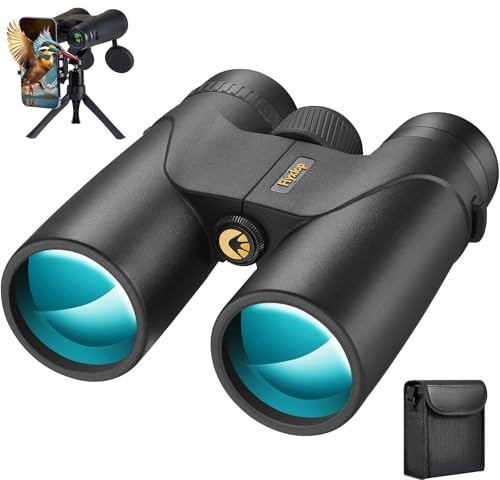 Fiyxlop Jumelles HD 12x42 BAK4 et FMC, adaptateur de téléphone, trépied, observation oiseaux, navires, concerts, chasse, randonnée