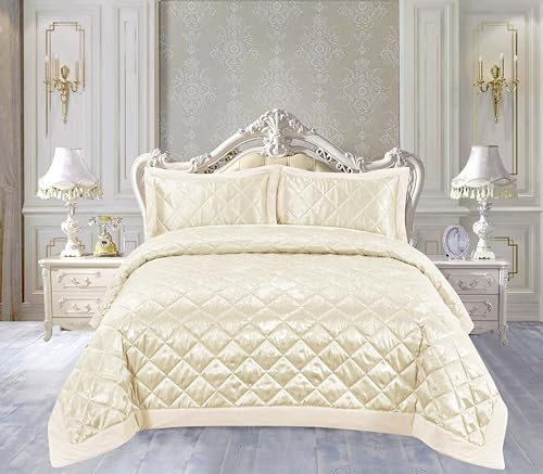 PRIME LINENS Luxury Quilted 3 Piece Camden Bedspread Set Microfiber Satin Jacquard Bedding Set Includes Soft Bed Throw Comforter with Pillow Shams Machine Washable (Beige, King)