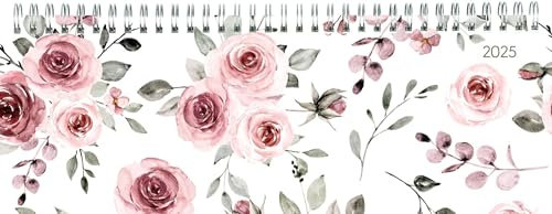 Zettler - Tisch-Querkalender 2025 Rosen, 29,7x10,5cm, Bürokalender mit 128 Seiten, 1 Woche auf 2 Seiten, Monatsübersicht, Notizbereich, Mondphasen, Ringbindung und deutsches Kalendarium