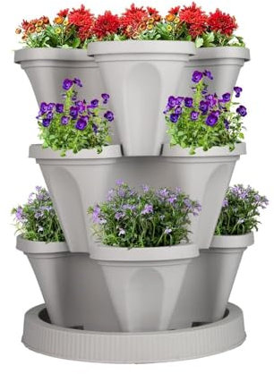 VIGOEXPRESS Pflanzturm mit stapelbaren Pflanzgefäßen, 3-stöckiger vertikaler Garten für Gemüse, Erdbeeren, Kräuter und Blumen, geeignet für innen und draußen (Weiß)