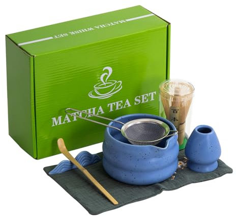 7Pcs Japanese Matcha Tea Set, Matcha Kit with Matcha Bowl (with Pouring Spout), Matcha Whisk, Whisk Holder, Strainer - Elegant Matcha Set for Gifting and Personal Use, Gift Box Packaging (blue)