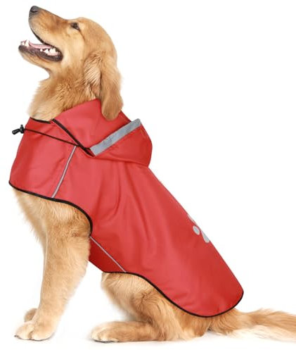 BiPawTi Regenjacke für Große Hunde, Verstellbarer Hunde-Regenmantel mit Klettverschluss - Ultraleicht & Wasserdicht Hunderegenmantel mit Kapuze und Reflektierenden Elementen für Spaziergänge (L | Rot)