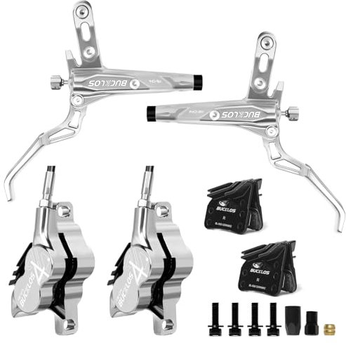 BUCKLOS MTB Hydraulic Disc Brake Set 4 Pistons Front 850mm and Rear 1550mm Hydraulic Brakes with Aluminum Alloy Lever with Caliper Ceramic Brake Pad Fit Mountain Bike,Ebike,Fat Bike HB-CP4 (Pre-Bled)