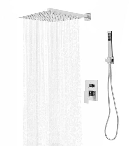 WOLEGM Juego de grifo de ducha empotrable, de ducha cuadrado con cabezal giratorio 360°, alcachofa de mano, soporte de ducha ajustable a 60°, color plateado