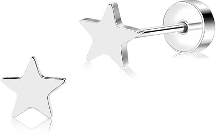 ZDE Women Flat Back Heart Earrings Non-Nickel Heart Earrings Titanium Hypoallergenic Cartilage Earrings Stud for Sensitive Ears Simple Classic 5mm Flat Stud Earring (Star-Silver)