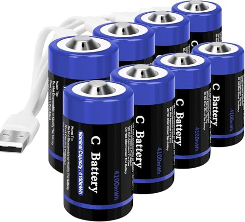 wowpower Rechargeable Lithium C Cell Batteries with 4 in 1 USB-C Charge Cable, 8 Pack 1.5V 4100mWh C Cell Li-ion Batteries, LR14 C Size Battery Replacement for Flashlight