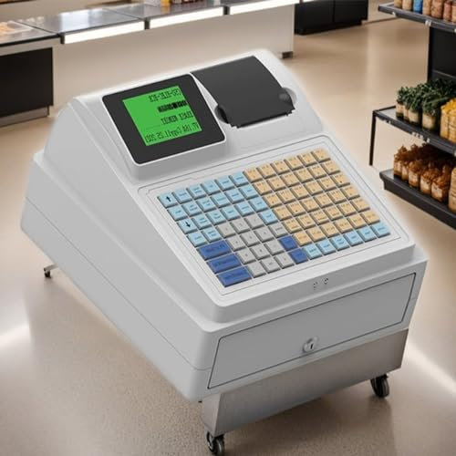Kassaregister med 81 nycklar, Elektroniskt kassaregister för småföretag, Kassaapparat med platt tangentbord och termisk skrivare