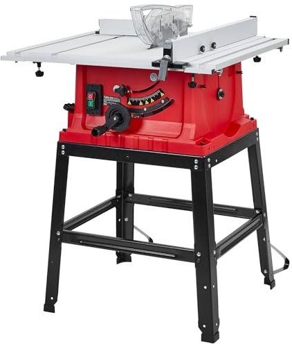 Table Saw, Towallmark 10 Inch 15A Multifunctional Saw with Stand & Push Stick, 90° Cross Cut & 0-45° Bevel Cut, 5000RPM, Adjustable Blade Height for Woodworking