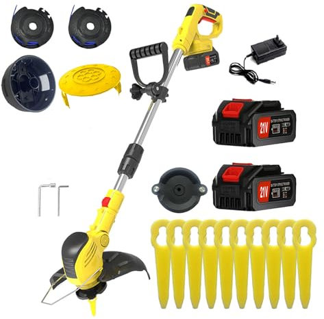 Cordless Strimmer Decespugliatore senza fili da 21 V con 2 batterie e 1 caricabatterie, tagliaerba senza fili e tagliabordi, include 10 lame in plastica, 2 bobine di filo per la cura del