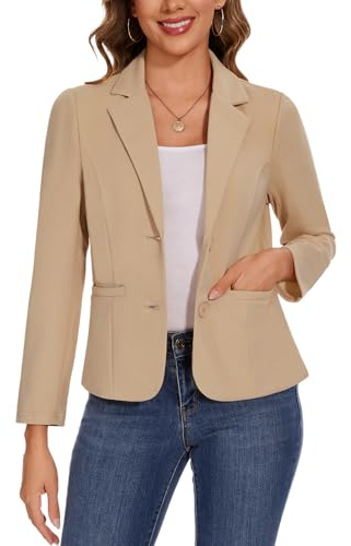 Kyzoeyou Chaqueta tipo blazer de manga larga para mujer con bolsillos, de uso casual (Beige S)