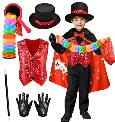 Mishopy Disfraz Mago Niño Niña con Capa Chaleco Gorro Guantes Varita Mágica Accesorios Mago Juego de Magia Disfraz para Halloween Carnaval Navidad Cumpleaños (M, 4-6 Años)