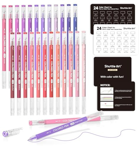 Shuttle Art Set med akrylgelpennor, 0,6 mm, 24-pack, rosa och violetta färger, glittergelpennor för färgning, färgad pastell klippbok, journalpenna för svart papper, vuxenmålarböcker teckning