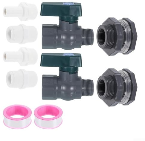 Lot de 2 kits de robinets de réservoir de pluie, valve de réservoir de pluie, avec raccord de cloison de 1,9 cm et adaptateur de tuyau, pour aquariums, piscines, tonneaux de jardin