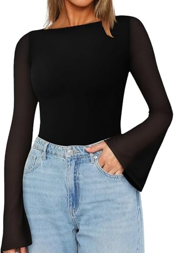 LACOZY Women's Mesh Tops Long Bell Sleeves Fitted Blouse Sexy Going Out Top | Boat Neck Bodycon Ribbed Tops, Casual Date Skinny Shirts, Fashion Clothes, Elegant Stretchy Pullover, Evening Party Outfit