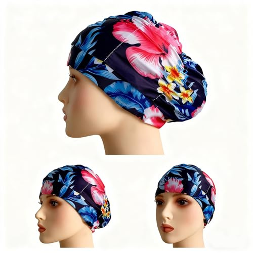 LinsLiliana Stoff Badekappe Langes Haar Passform, Schwimmkappe Damen Extrem Elastisch mit Einzigartigen Muster – Badehaube Schwimmhaube Bequem Weich Minimiert (Blau)