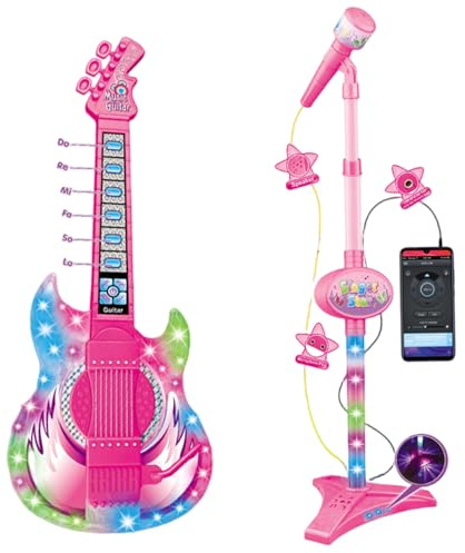 Grtheenumb Guitare électrique pour Enfants, Guitare et Microphone pour Enfants, Jouet avec Musique et lumière, Microphone 2 en 1 à Hauteur réglable avec Support, Instruments Jouets d'apprentissage