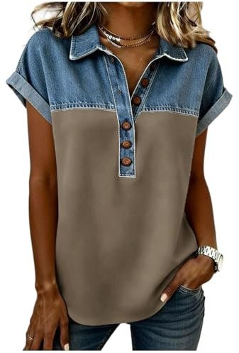 Chemise Femme Jean Patchwork Imprimé Chemisiers Et Blouses Col Montant Manches Courtes Chic Et Élégant T-Shirt Décontractée Respirant Chemisier Grande Taille Boutons Blouses Top