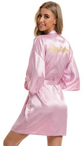 Vlazom Kimono Femme Bride Satin Peignoir Mariee Bridemaid Robe de Chambre ,S,Rose Clair pour Bridemaid