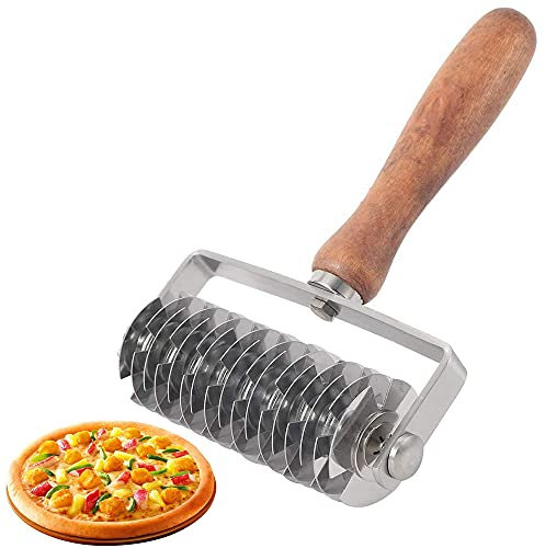 Rouleau de Grille de Pâte, Rouleau à Pizza en Treillis, Coupe-Pâte en Acier Inoxydable, Couteau à Rouleau à Pâte avec Manche en Bois pour Couper la Pâte, la Croûte à Pizza, la Cuisson