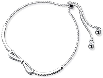 PHILSP 925 Silver Bowknot Bracelet Adjustable Bow Bangle Shiny Crystals Tennis Bracelet Wedding Party Jewelry for Women