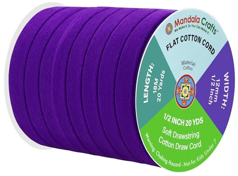 Mandala Crafts Purple Flat Drawstring Cord Drawstring Replacement, 1/2 Inch 20 YDs Puple Soft Drawstring Cotton Draw Cord Hoodie Sweatpants Drawcord Replacement