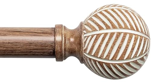 Wood Curtain Rods for Windows: 1 Inch Diameter Adjustable Heavy Duty Curtain Rod 48 to 86 with Imitation Wood Grain Leaf Pattern Finials